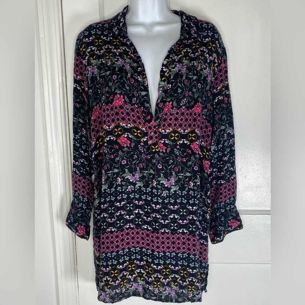 JOSIE NATORI S Floral Patterned Long Sleeve Pink & Black Tunic Top